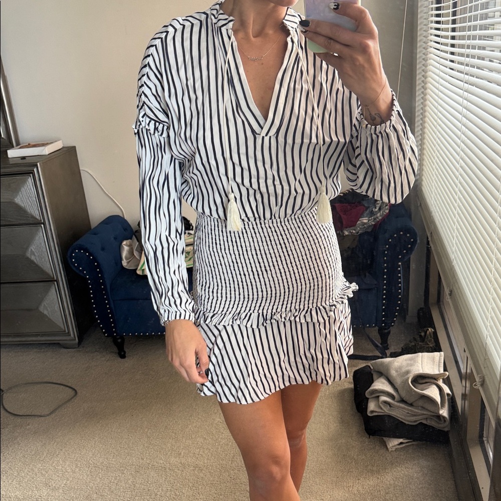 AQUA smocked Navy and White dress